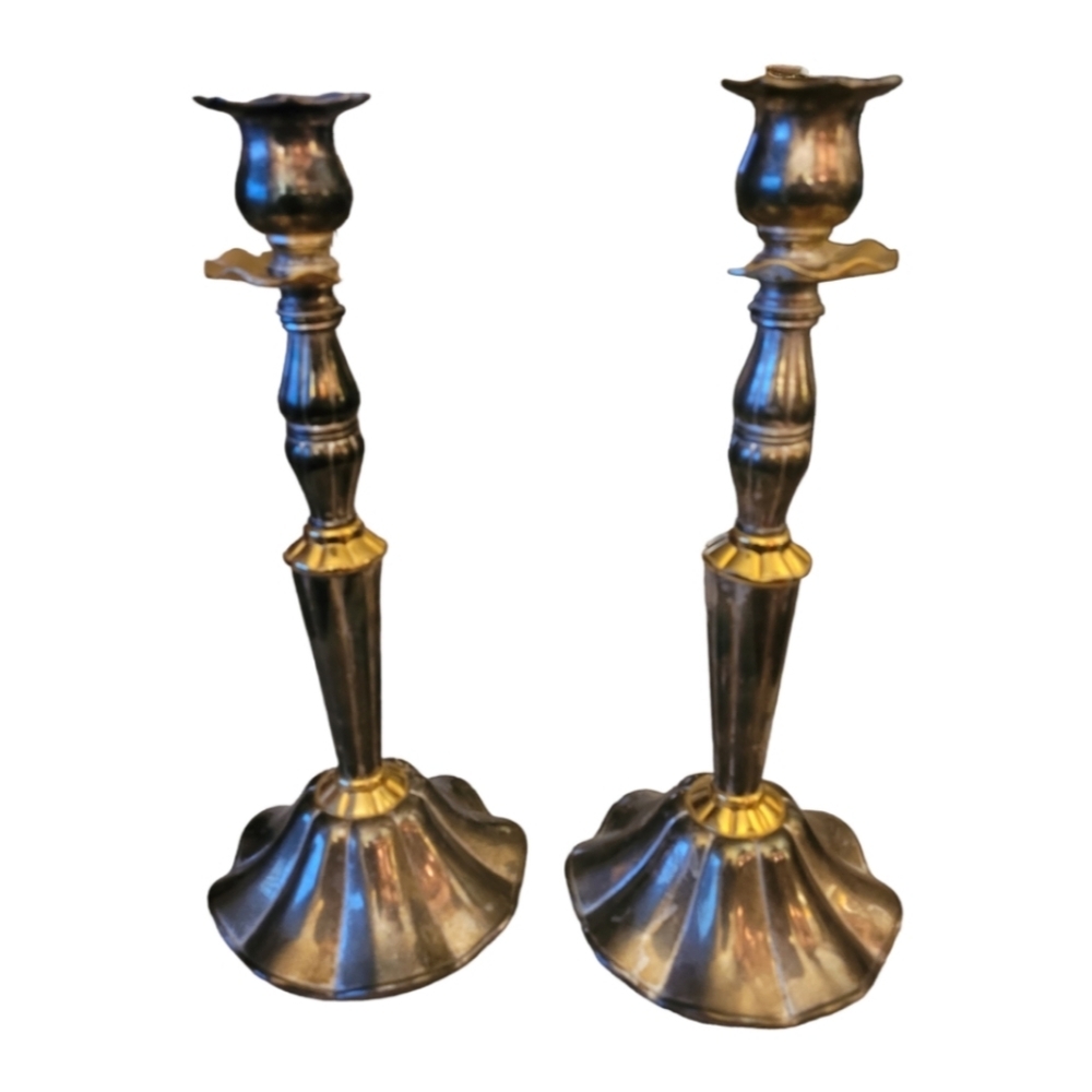 Set of 2 Vintage Ornate Silver Plated Two Tone Silver and Gold Candle Sticks